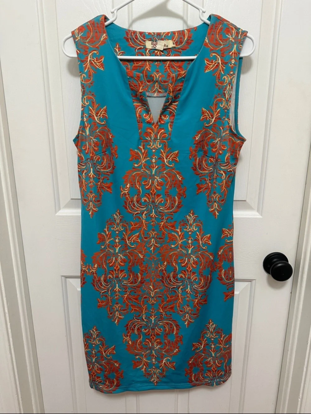 0066 Aryeh Turquoise Sleeveless Dress with Orange Damask Print women’s medium - Picture 1 of 6